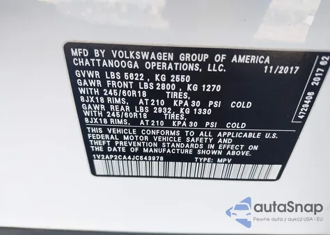 2018 Volkswagen Atlas 2.0T S из США, поврежденный, VIN 1V2AP2CA4JC543978